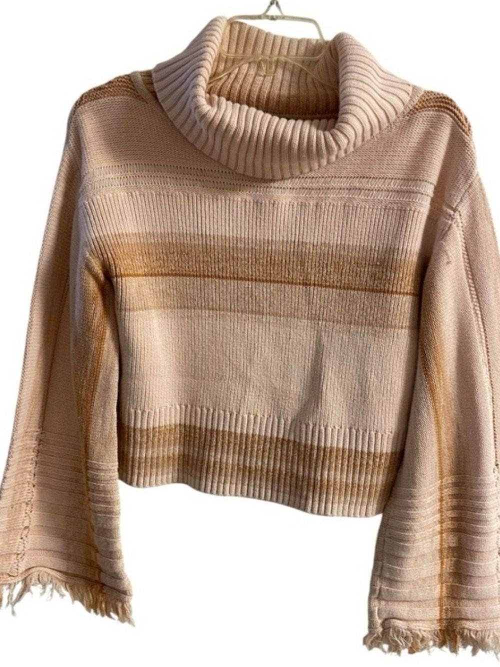 Free People Cropped Turtleneck Sweater in Beige and Light Brown Stripeu Medium